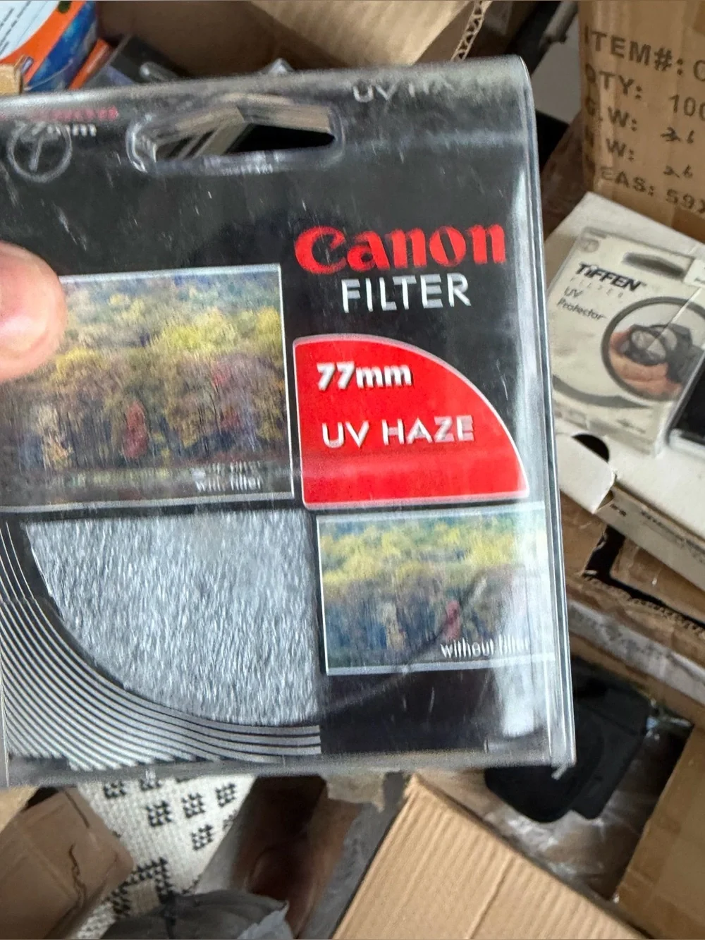 Canon UV Haze Filter Packaging in Black and Red